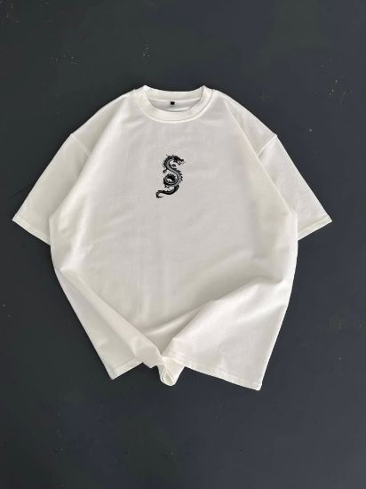 Baskılı Oversize Bisiklet Yaka T-shirt - Beyaz resmi
